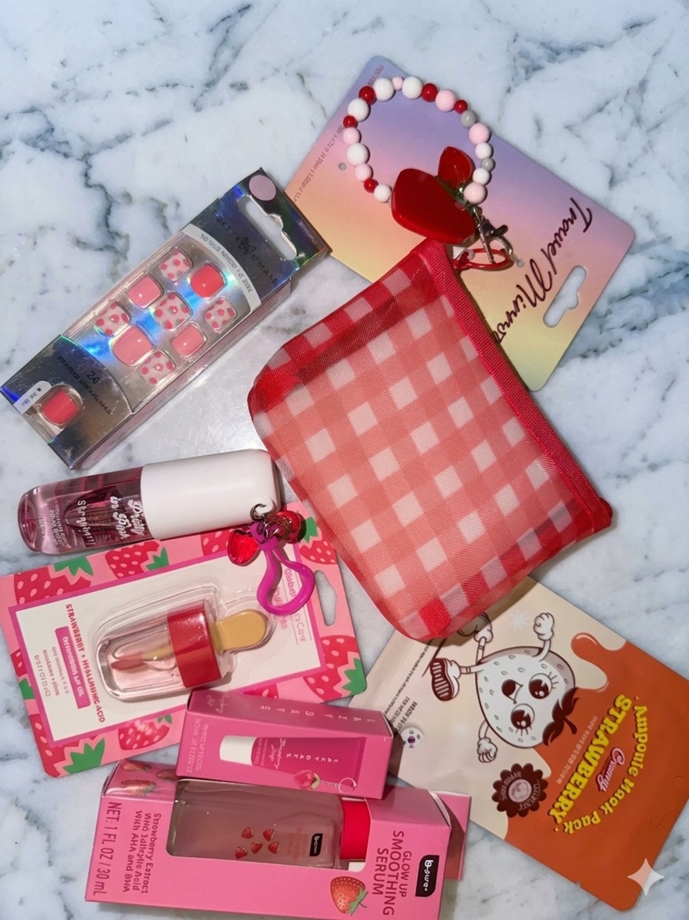 Red  Gingham Coin Purse with strawberry themed self care 8 piece gift set - Picture 2 of 5